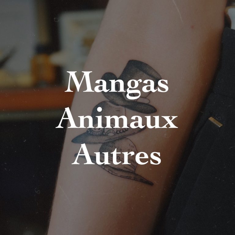 Tatouage One Piece sur un bras avec les mots "Mangas", "Animaux", "Autres".